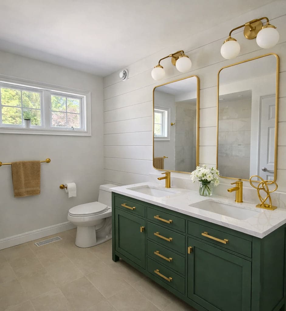 Finished bathroom with a green vanity, double mirrors, and glass shower