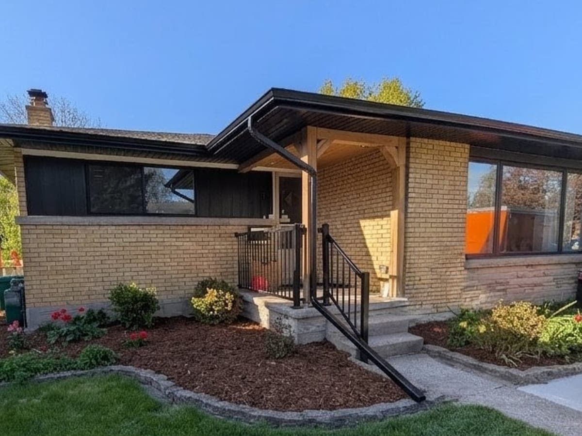 Renovated yellow-brick bungalow entry with a timber post-and-beam canopy, black metal railings, and stone-faced steps