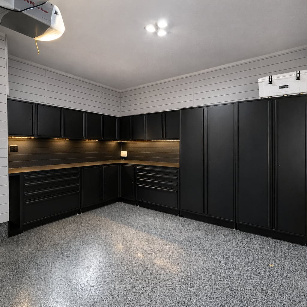 Finished garage with dark cabinetry and a glossy floor